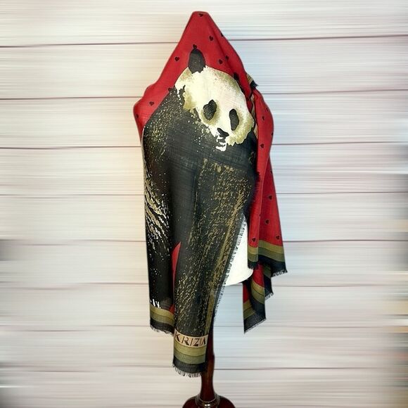 KRIZIA Italy Large Scarf Shawl Wool Silk Blend Red with Panda Print 52x52” - Picture 7 of 11